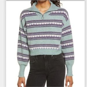 Nordstrom BP Green White Valentines Hearts Zip Mock Neck Sweater Size 2XS